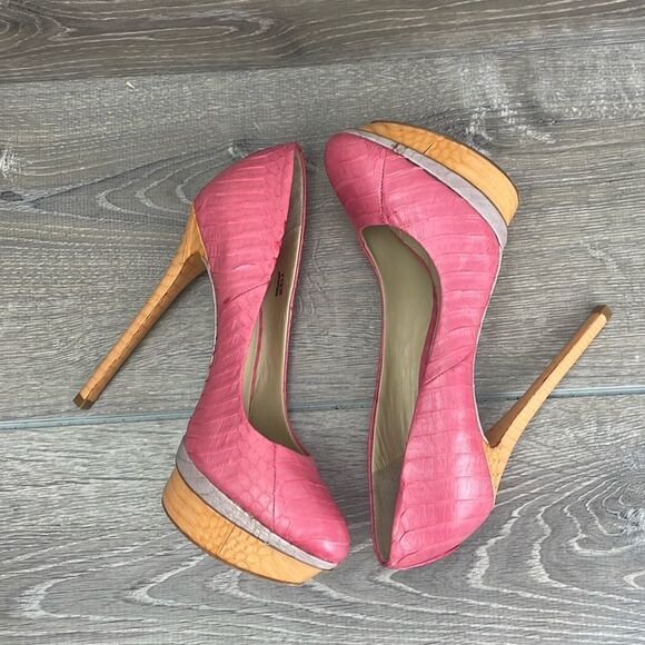 Brian Atwood Bffontanne Pink Leather Snakeskin Women’s Sz 7.5 Platform Heels - Picture 9 of 12